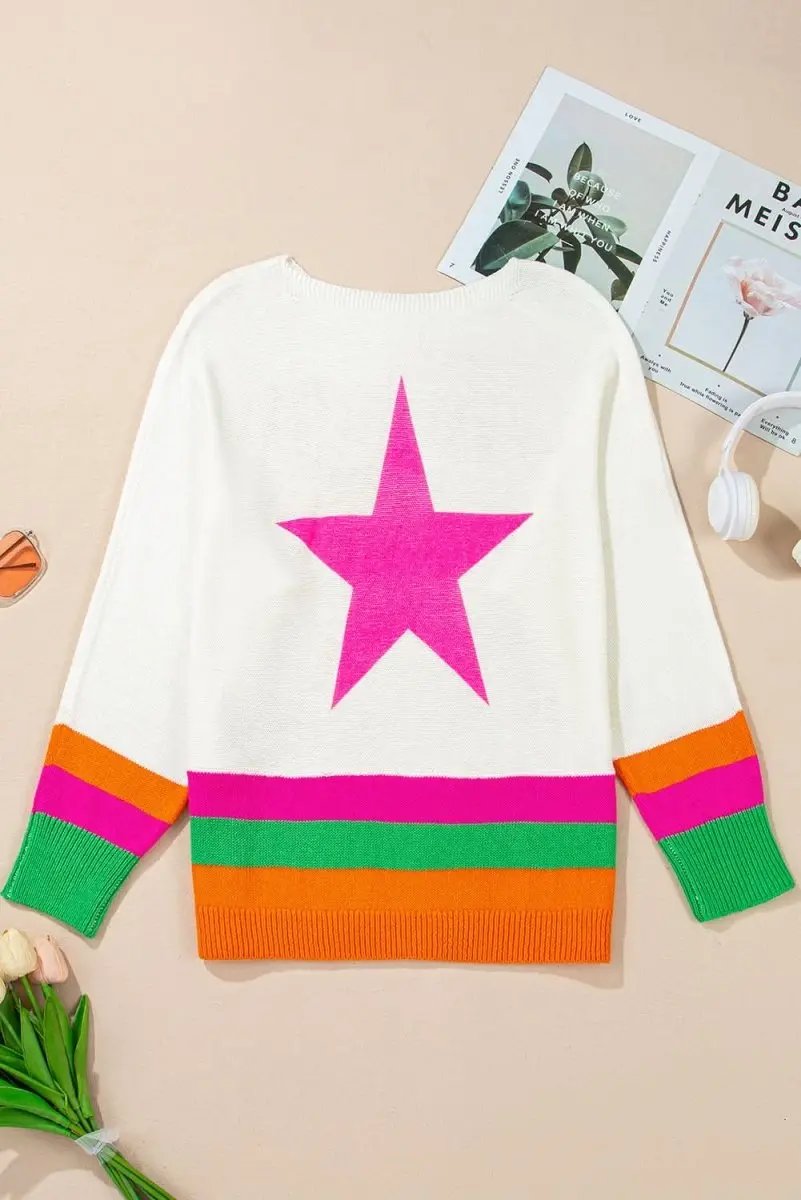White Star Pattern Colorblock Striped Edge Drop Shoulder Sweater - Love Salve
